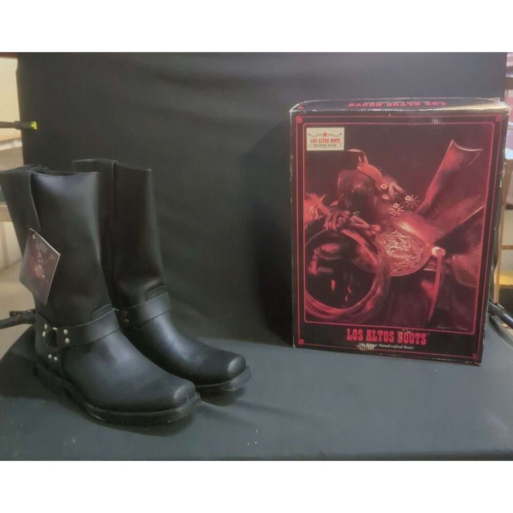 Los Altos Mens Black Leather Biker Harness Boots Size 11 EE Square Toe NWT Box
